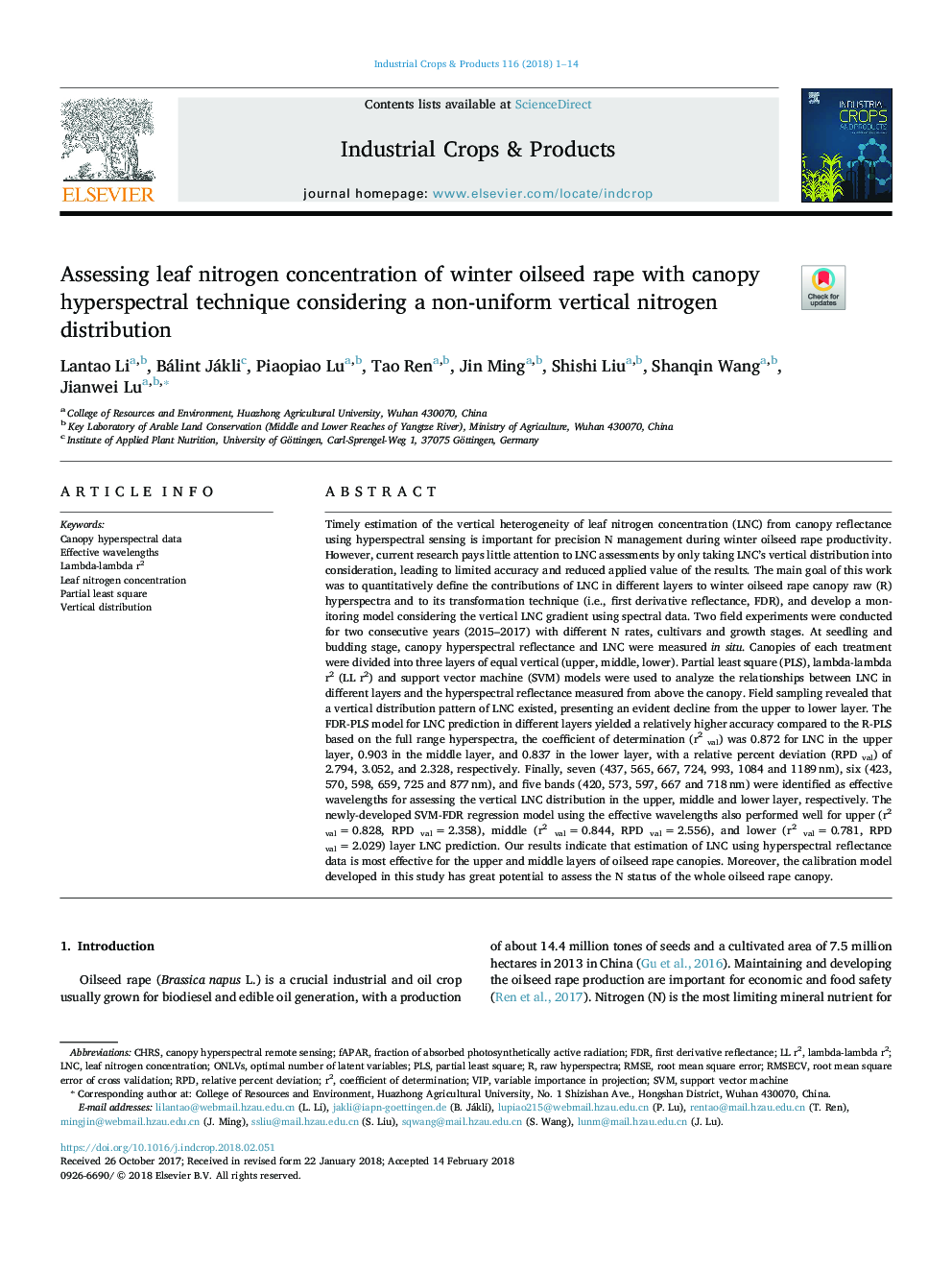 Assessing leaf nitrogen concentration of winter oilseed rape with canopy hyperspectral technique considering a non-uniform vertical nitrogen distribution