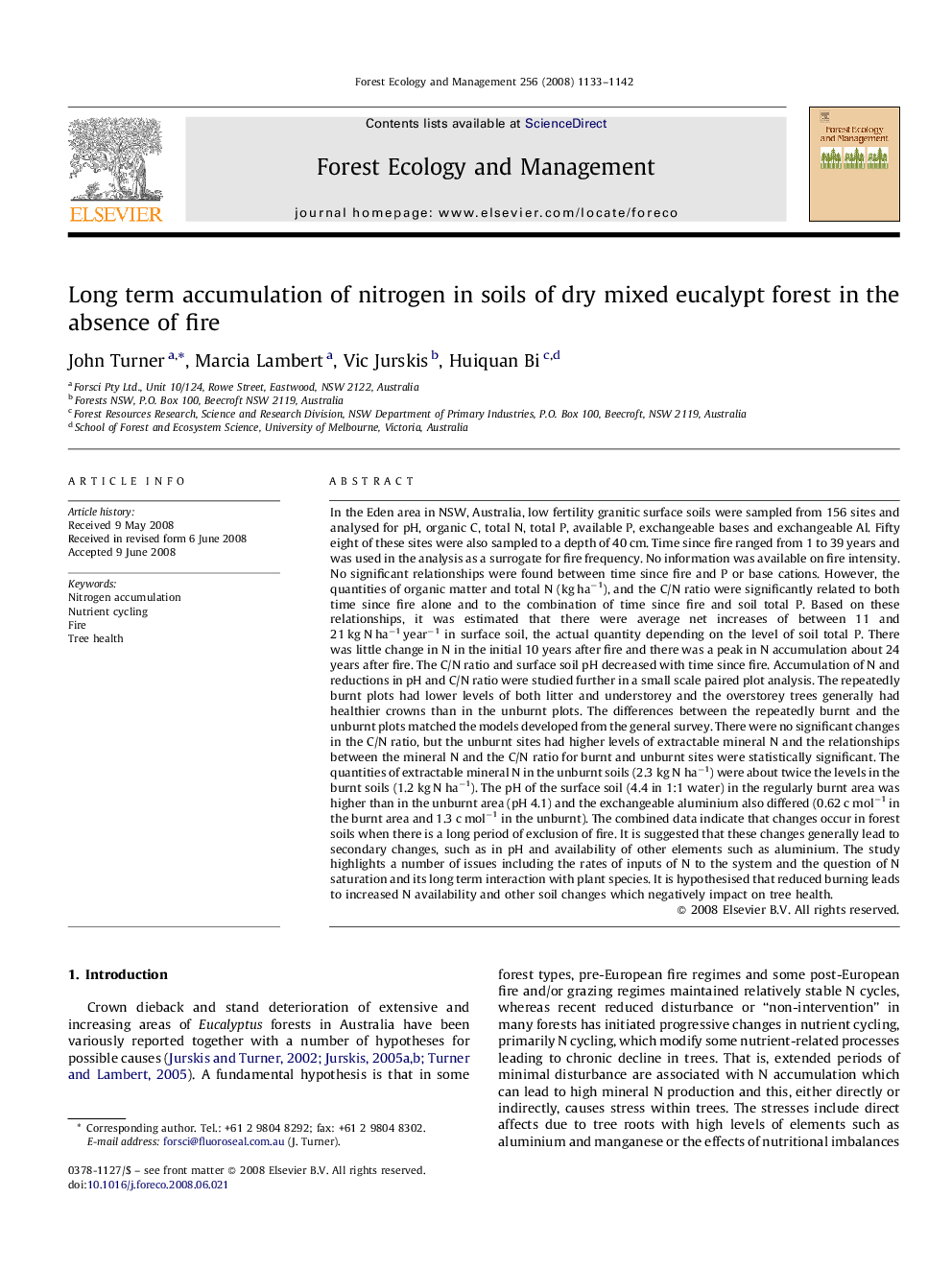 Long term accumulation of nitrogen in soils of dry mixed eucalypt forest in the absence of fire