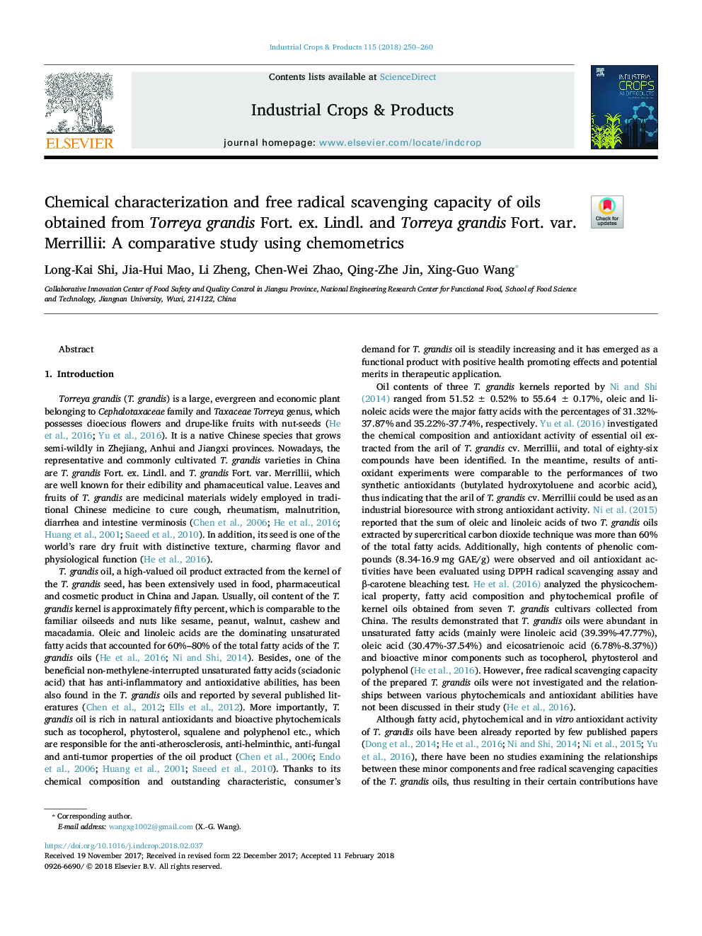 Chemical characterization and free radical scavenging capacity of oils obtained from Torreya grandis Fort. ex. Lindl. and Torreya grandis Fort. var. Merrillii: A comparative study using chemometrics