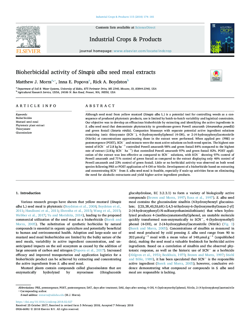 Bioherbicidal activity of Sinapis alba seed meal extracts