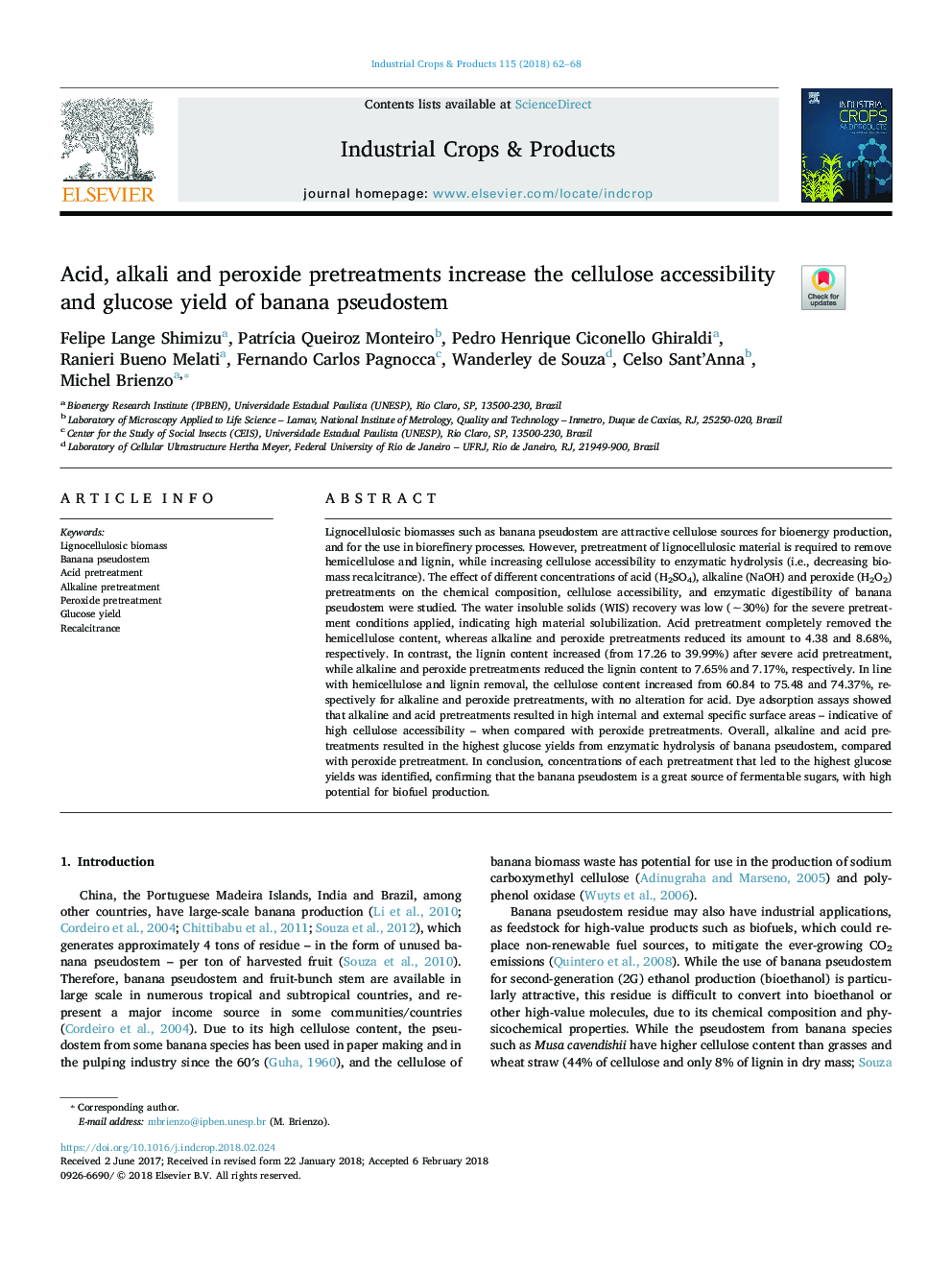 Acid, alkali and peroxide pretreatments increase the cellulose accessibility and glucose yield of banana pseudostem