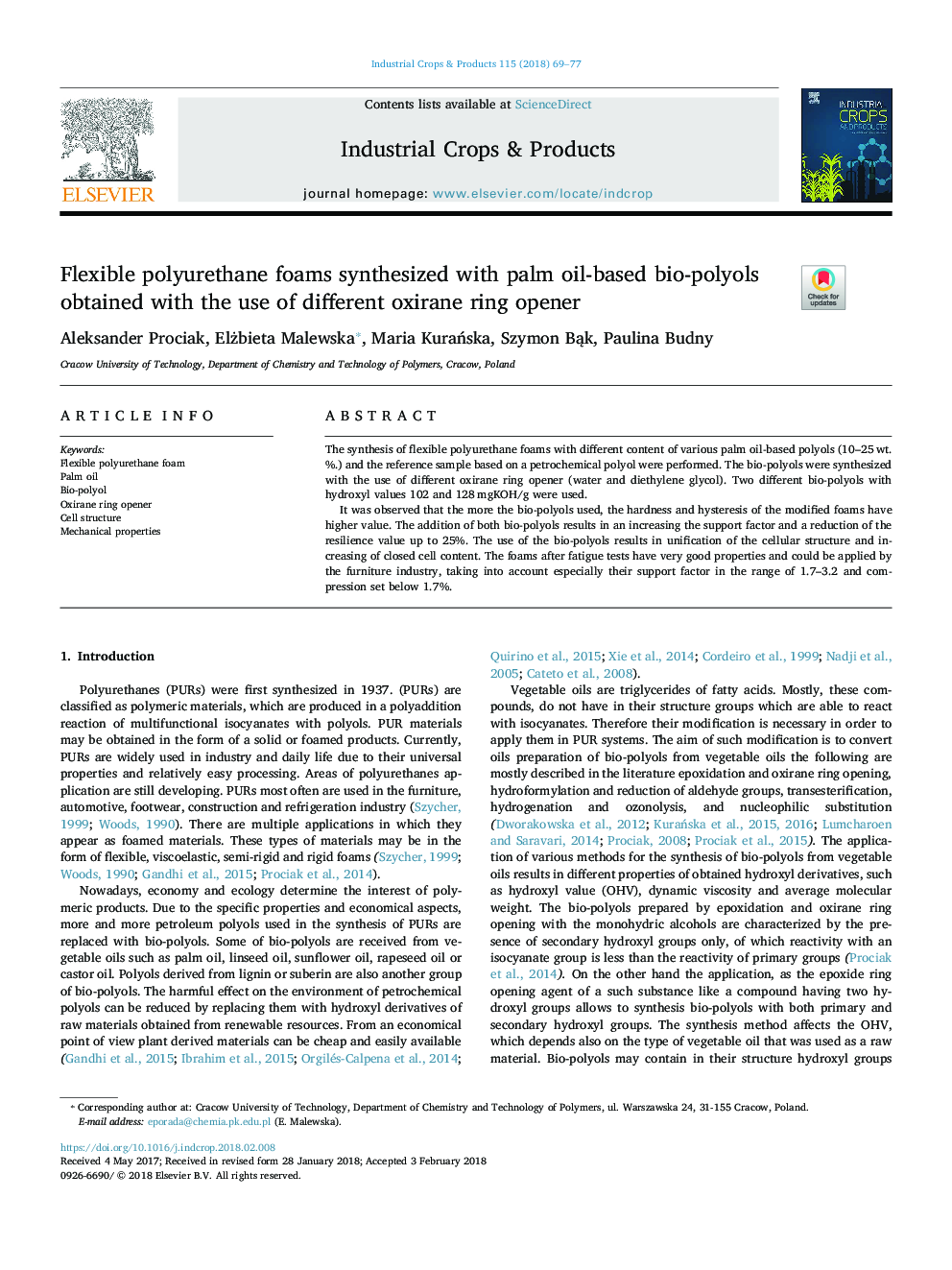 Flexible polyurethane foams synthesized with palm oil-based bio-polyols obtained with the use of different oxirane ring opener