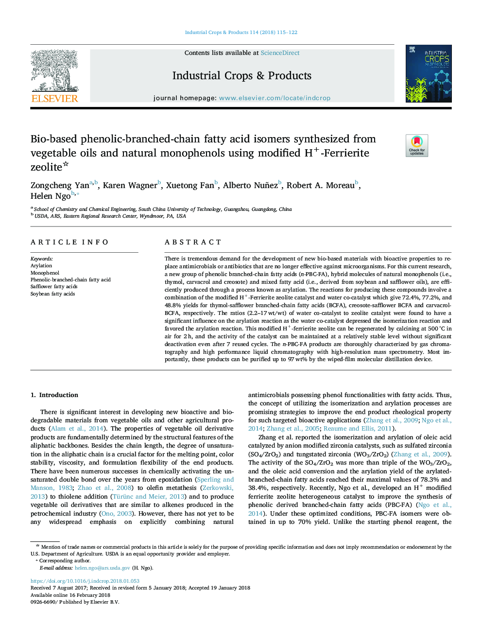 Bio-based phenolic-branched-chain fatty acid isomers synthesized from vegetable oils and natural monophenols using modified H+-Ferrierite zeolite