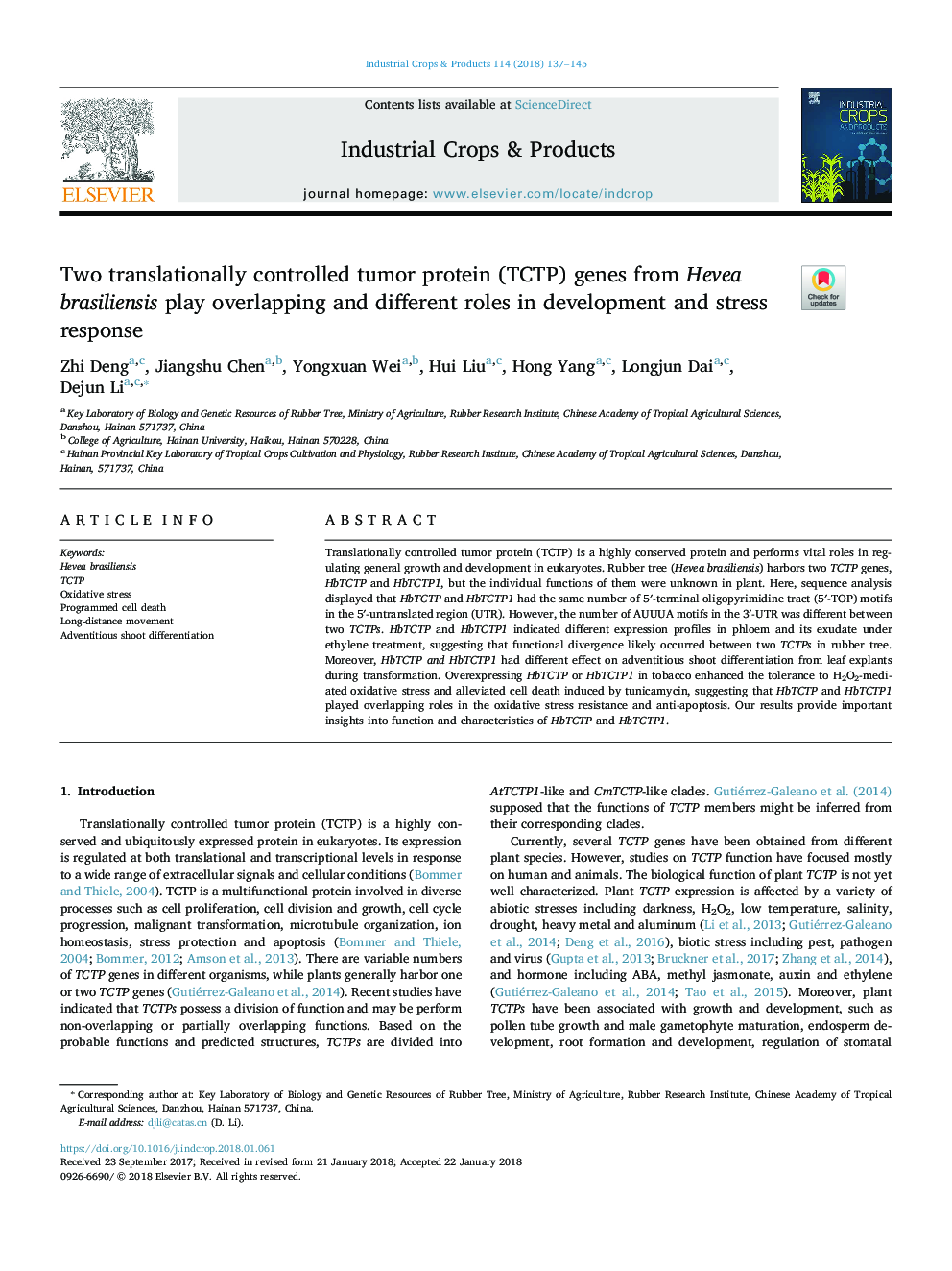 Two translationally controlled tumor protein (TCTP) genes from Hevea brasiliensis play overlapping and different roles in development and stress response