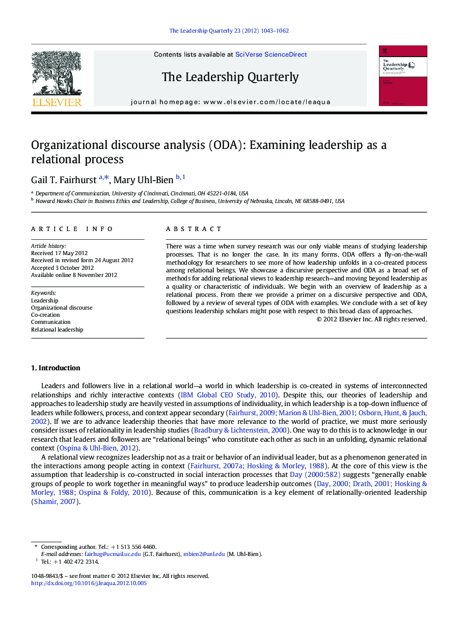 Organizational discourse analysis (ODA): Examining leadership as a relational process