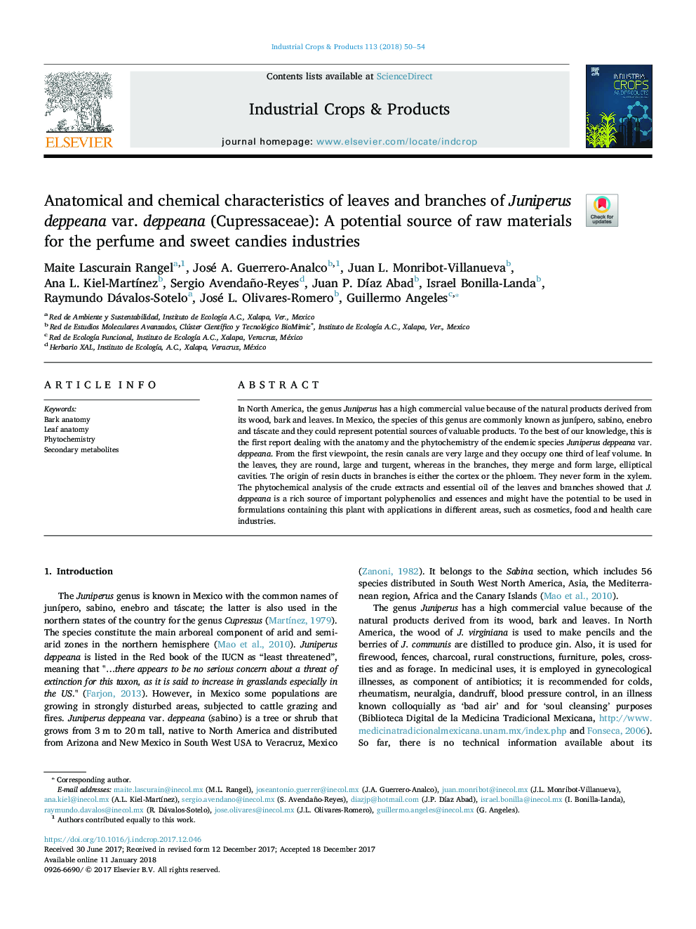 Anatomical and chemical characteristics of leaves and branches of Juniperus deppeana var. deppeana (Cupressaceae): A potential source of raw materials for the perfume and sweet candies industries