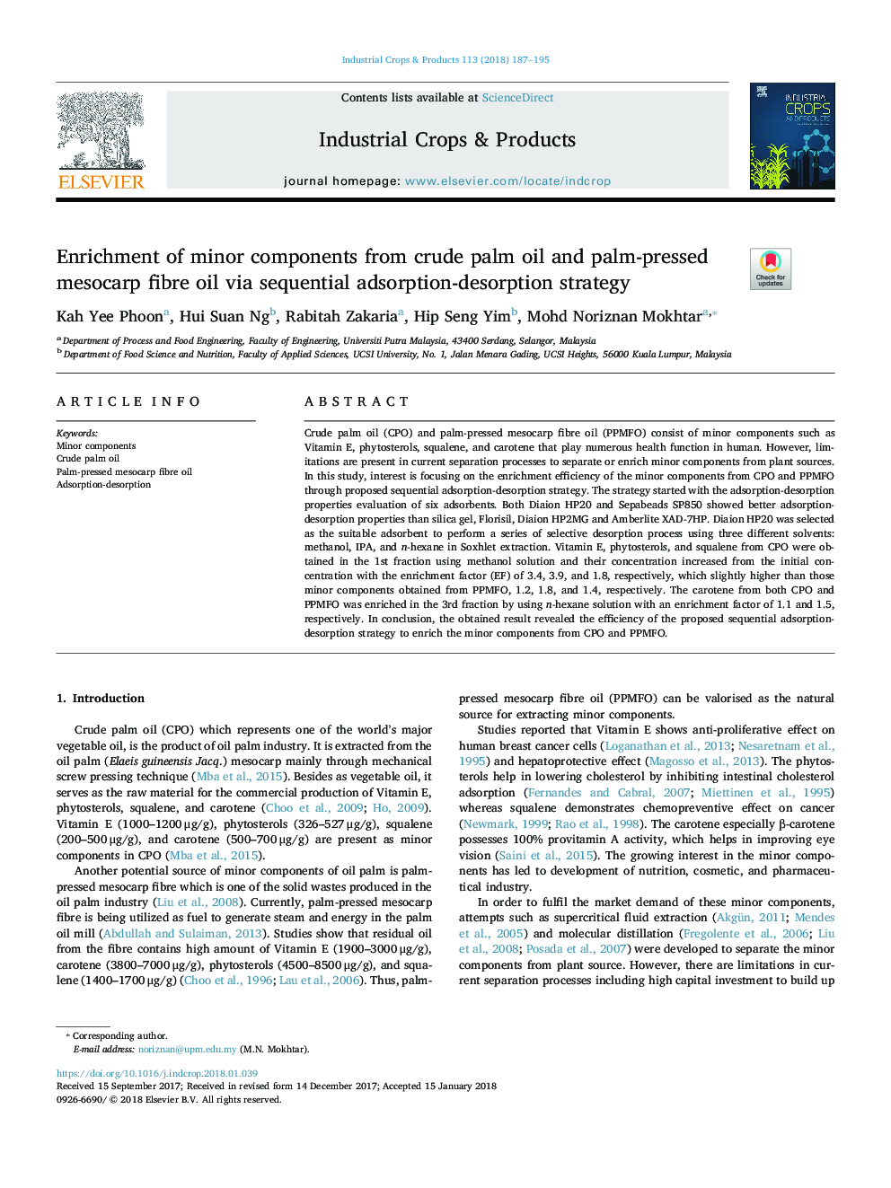 Enrichment of minor components from crude palm oil and palm-pressed mesocarp fibre oil via sequential adsorption-desorption strategy