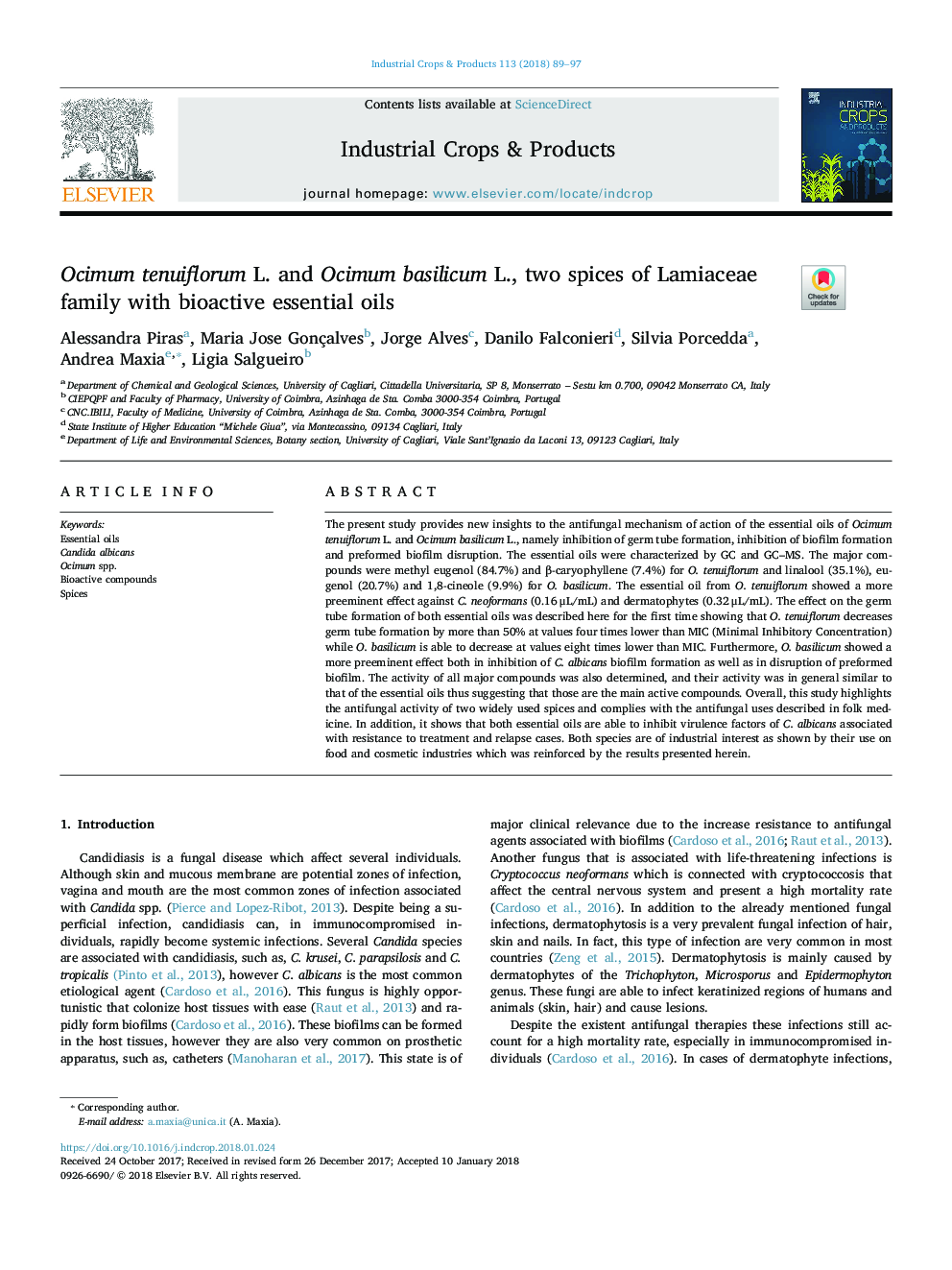 Ocimum tenuiflorum L. and Ocimum basilicum L., two spices of Lamiaceae family with bioactive essential oils