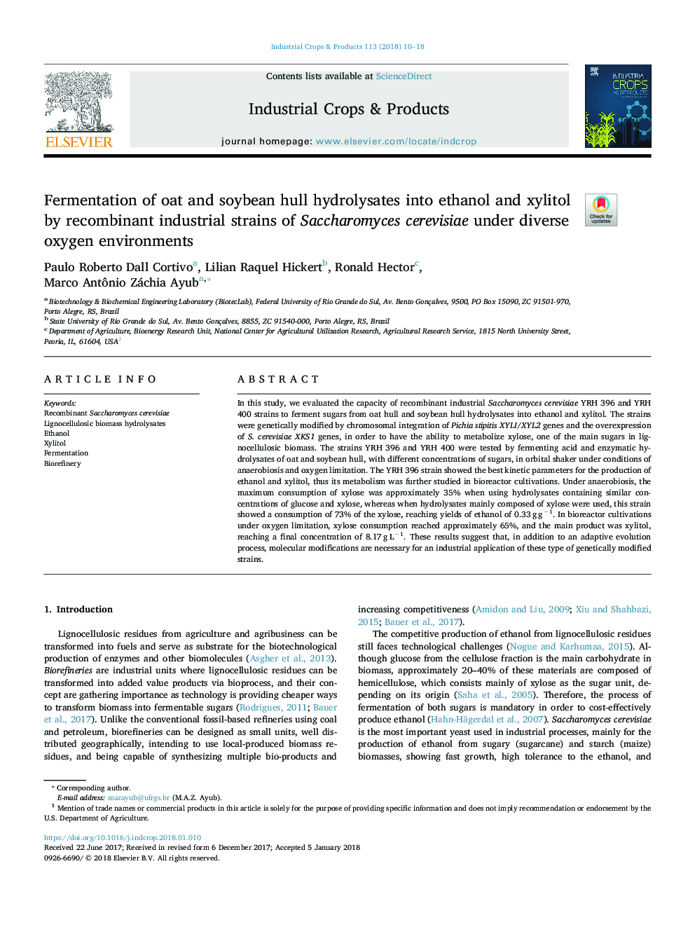 Fermentation of oat and soybean hull hydrolysates into ethanol and xylitol by recombinant industrial strains of Saccharomyces cerevisiae under diverse oxygen environments