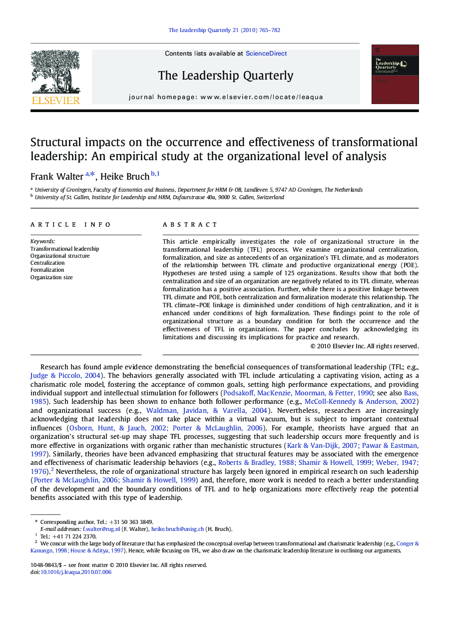 Structural impacts on the occurrence and effectiveness of transformational leadership: An empirical study at the organizational level of analysis