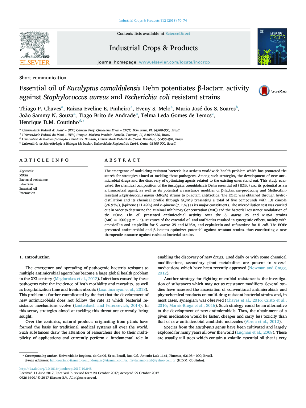 Essential oil of Eucalyptus camaldulensis Dehn potentiates Î²-lactam activity against Staphylococcus aureus and Escherichia coli resistant strains