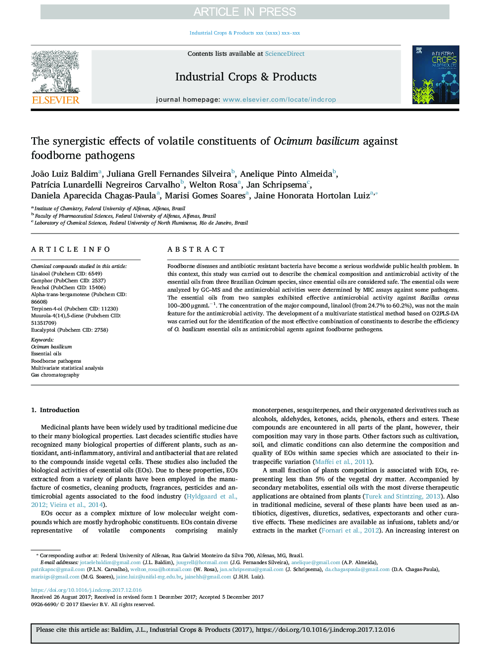 The synergistic effects of volatile constituents of Ocimum basilicum against foodborne pathogens