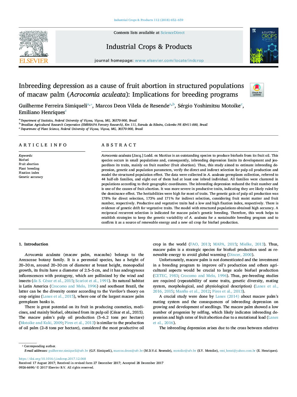 Inbreeding depression as a cause of fruit abortion in structured populations of macaw palm (Acrocomia aculeata): Implications for breeding programs