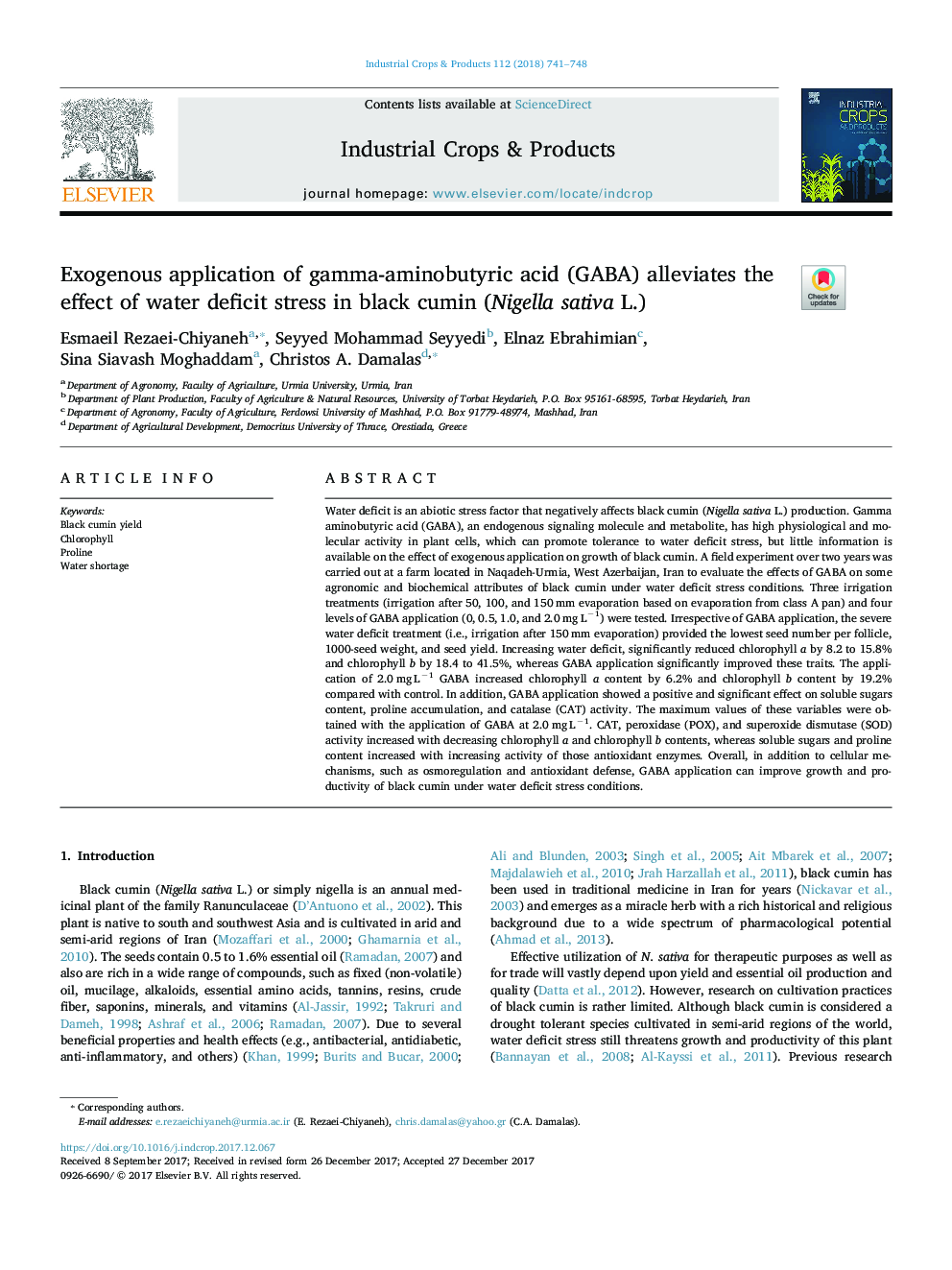 Exogenous application of gamma-aminobutyric acid (GABA) alleviates the effect of water deficit stress in black cumin (Nigella sativa L.)
