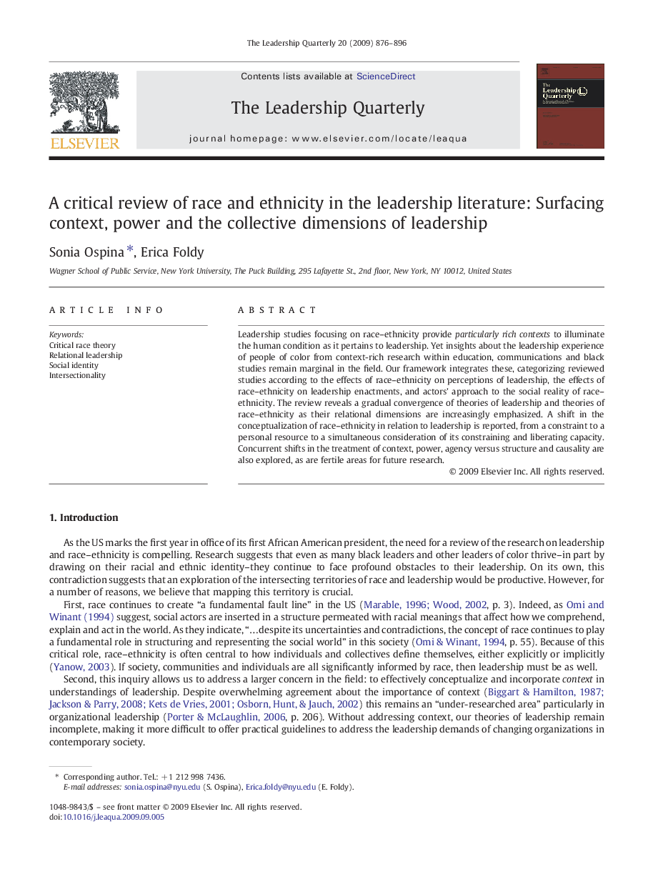 A critical review of race and ethnicity in the leadership literature: Surfacing context, power and the collective dimensions of leadership