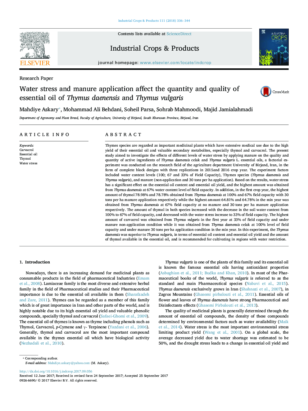 Water stress and manure application affect the quantity and quality of essential oil of Thymus daenensis and Thymus vulgaris