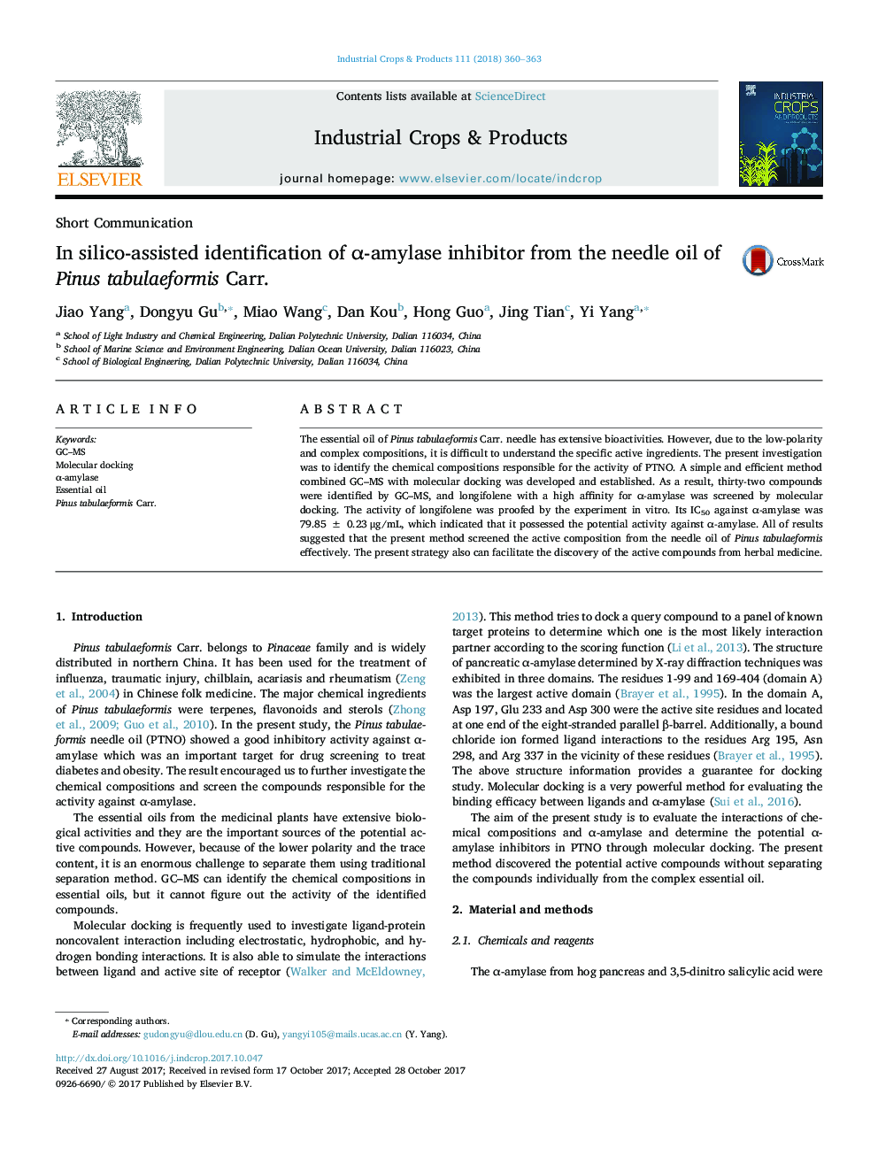 In silico-assisted identification of Î±-amylase inhibitor from the needle oil of Pinus tabulaeformis Carr.