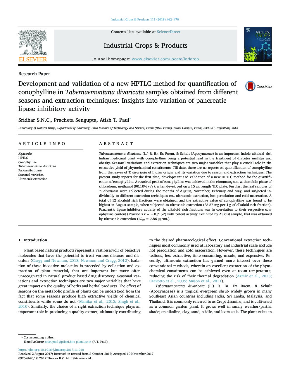 Development and validation of a new HPTLC method for quantification of conophylline in Tabernaemontana divaricata samples obtained from different seasons and extraction techniques: Insights into variation of pancreatic lipase inhibitory activity