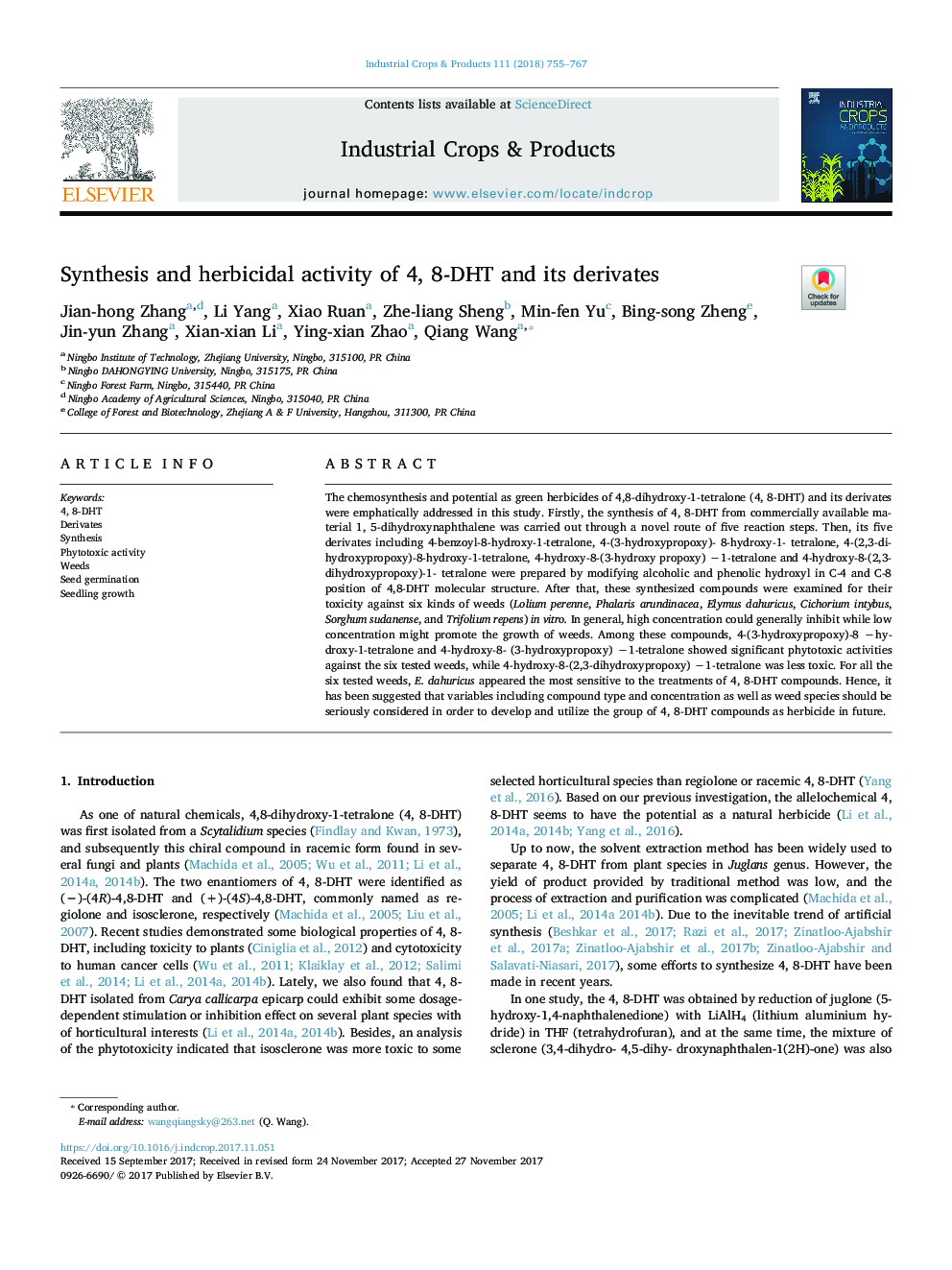 Synthesis and herbicidal activity of 4, 8-DHT and its derivates