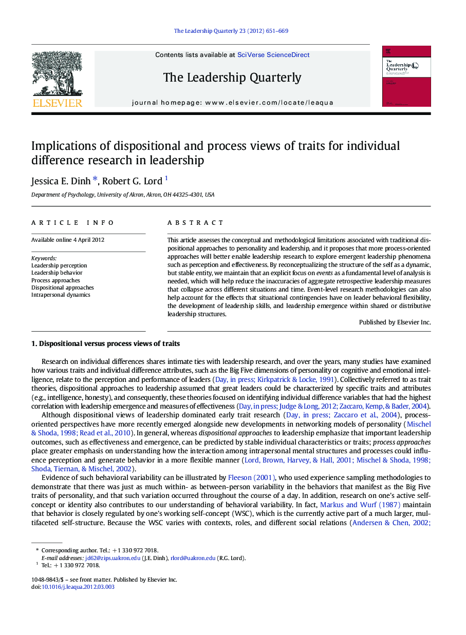 Implications of dispositional and process views of traits for individual difference research in leadership