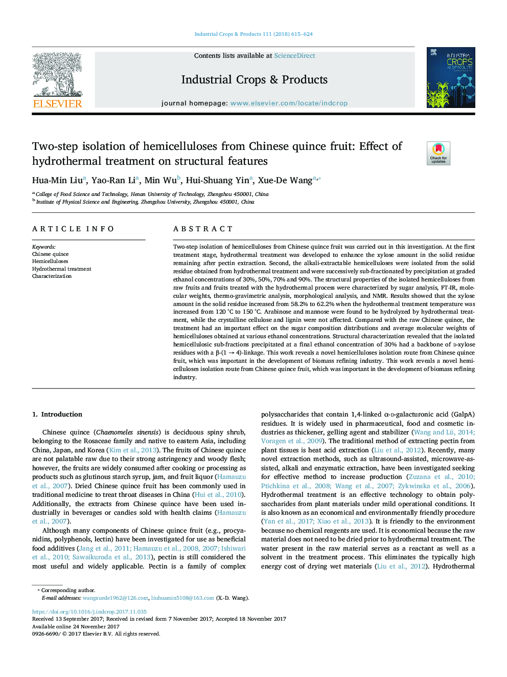 Two-step isolation of hemicelluloses from Chinese quince fruit: Effect of hydrothermal treatment on structural features