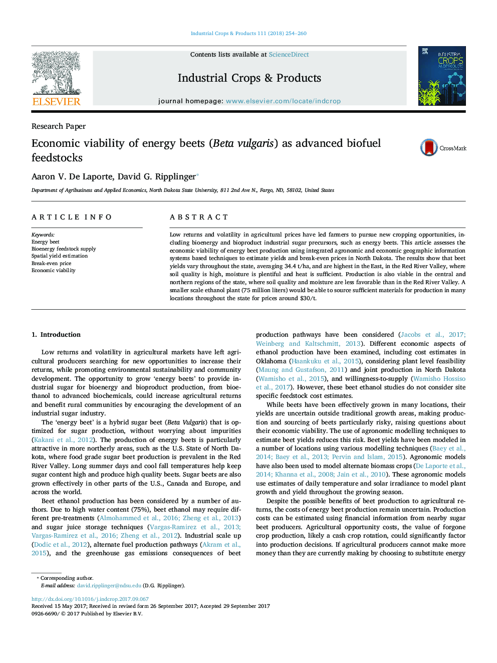 Economic viability of energy beets (Beta vulgaris) as advanced biofuel feedstocks