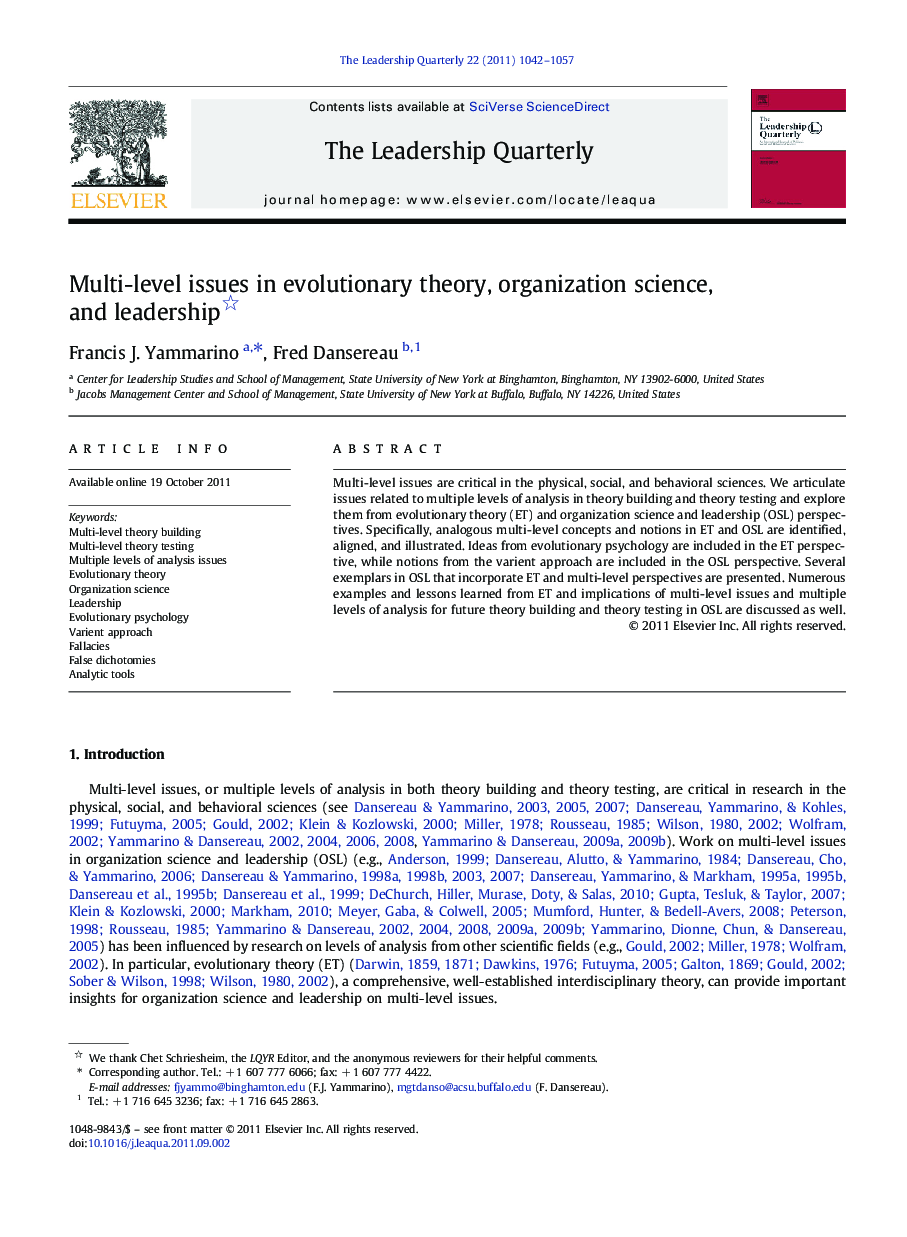 Multi-level issues in evolutionary theory, organization science, and leadership 