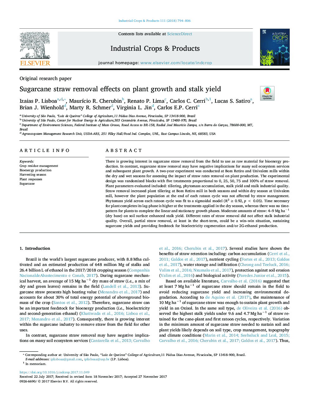 Sugarcane straw removal effects on plant growth and stalk yield