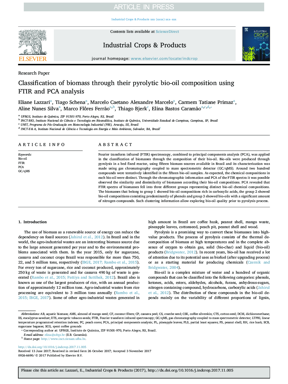 Classification of biomass through their pyrolytic bio-oil composition using FTIR and PCA analysis