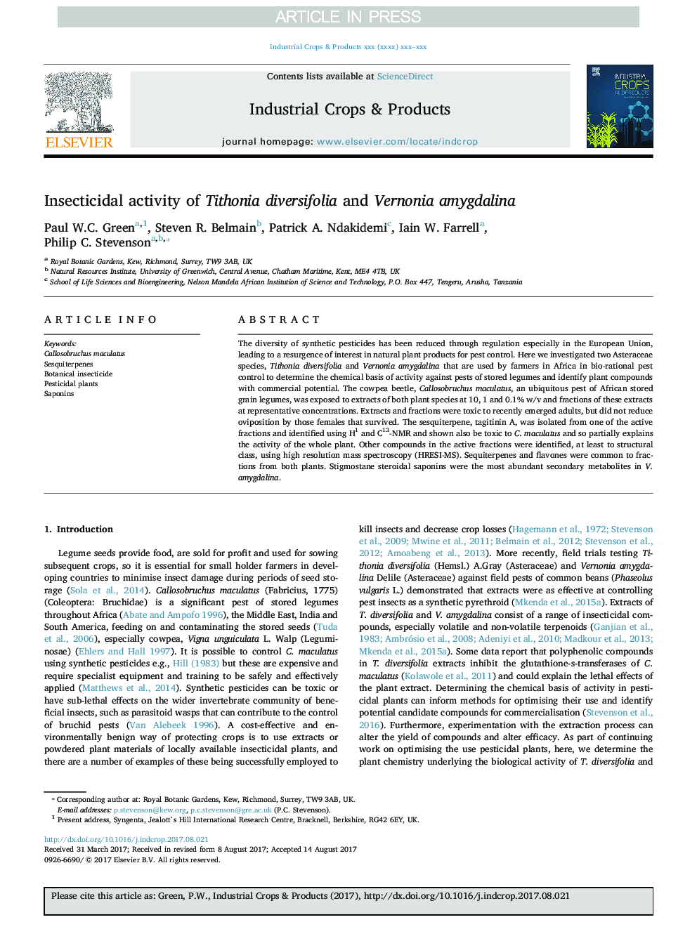 Insecticidal activity of Tithonia diversifolia and Vernonia amygdalina