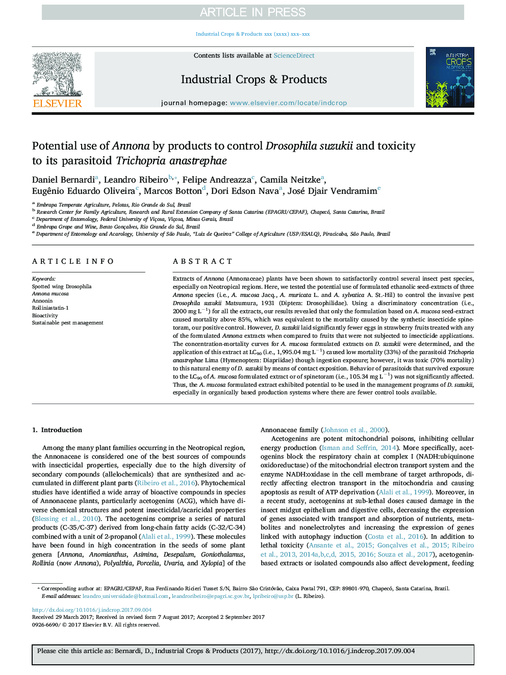 Potential use of Annona by products to control Drosophila suzukii and toxicity to its parasitoid Trichopria anastrephae