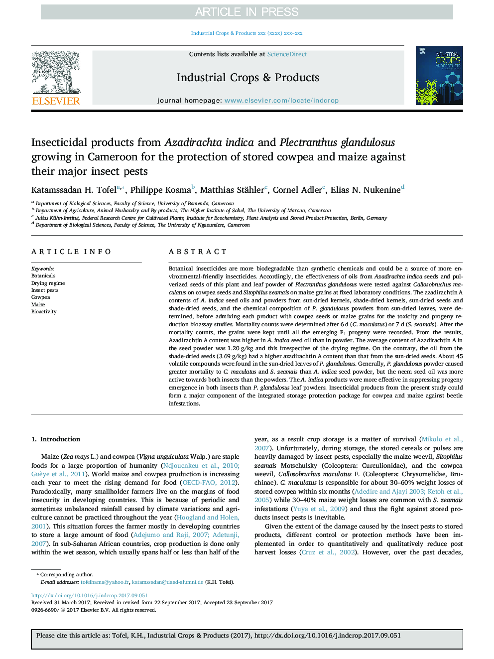 Insecticidal products from Azadirachta indica and Plectranthus glandulosus growing in Cameroon for the protection of stored cowpea and maize against their major insect pests