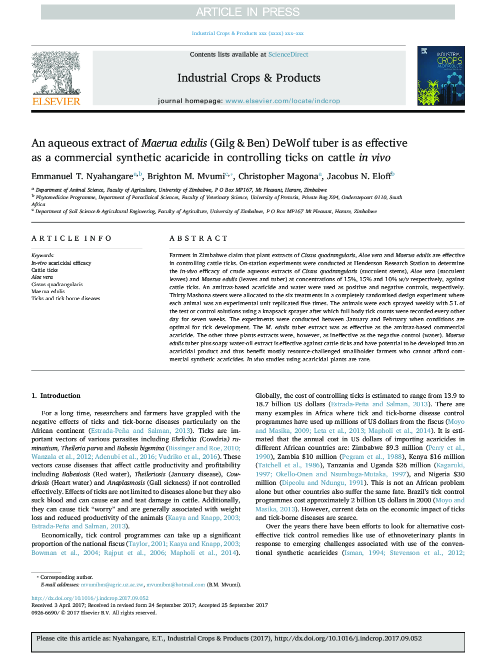 An aqueous extract of Maerua edulis (Gilg & Ben) DeWolf tuber is as effective as a commercial synthetic acaricide in controlling ticks on cattle in vivo