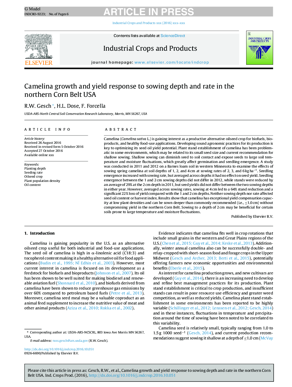 Camelina growth and yield response to sowing depth and rate in the northern Corn Belt USA