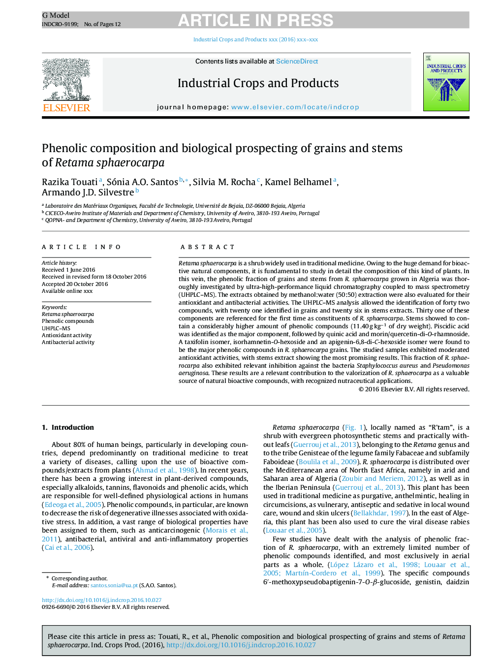 Phenolic composition and biological prospecting of grains and stems of Retama sphaerocarpa