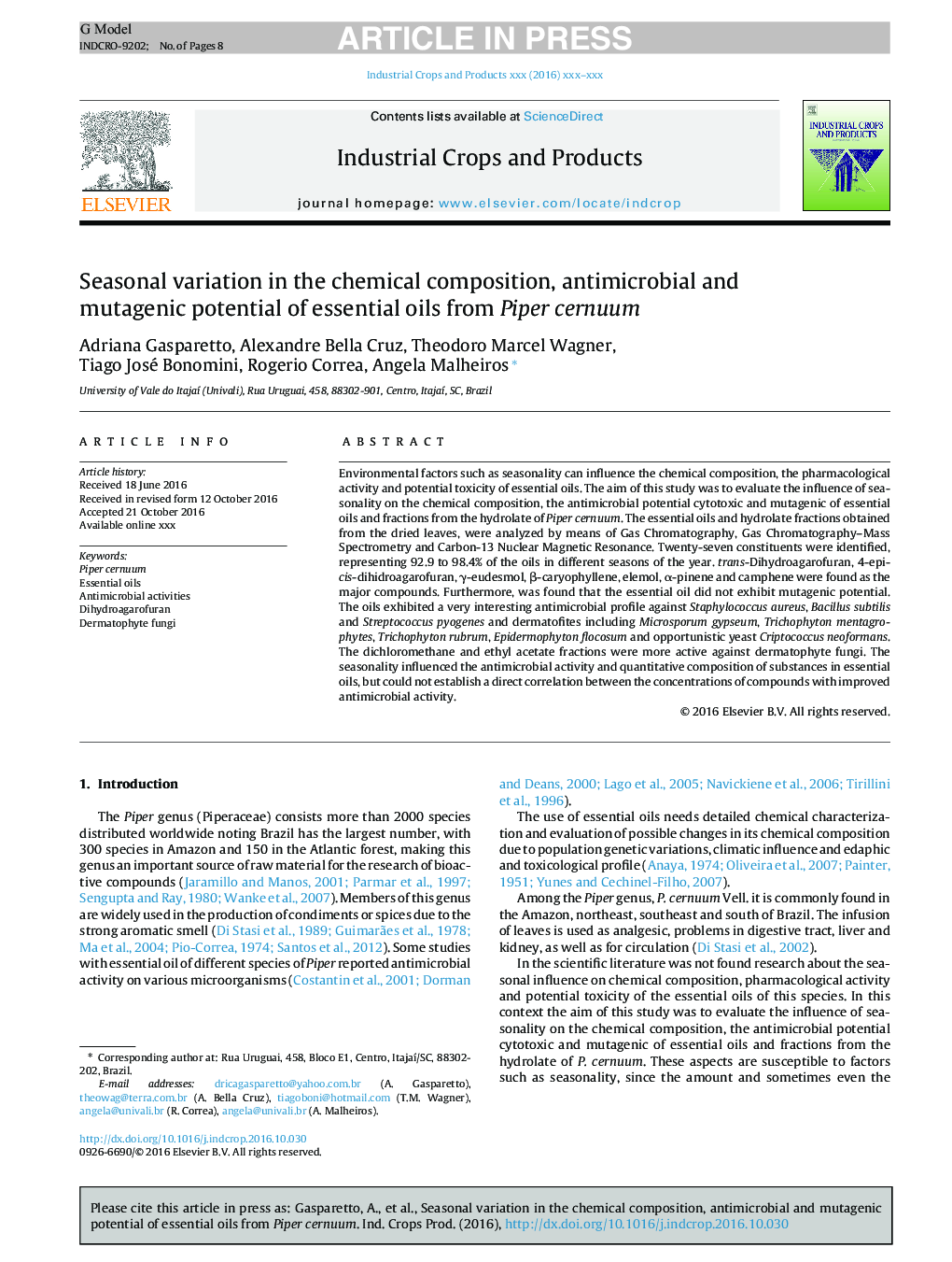 Seasonal variation in the chemical composition, antimicrobial and mutagenic potential of essential oils from Piper cernuum