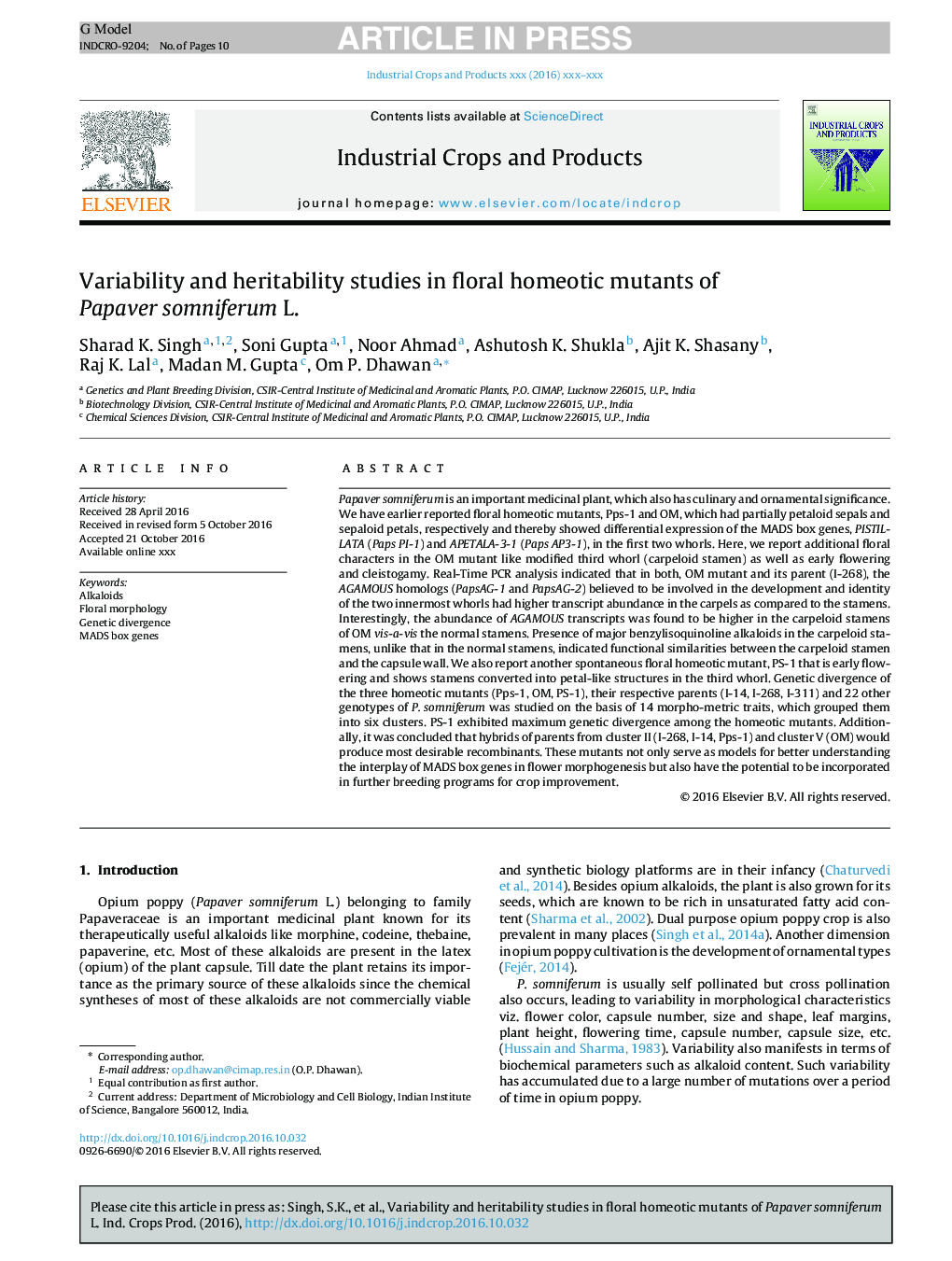 Variability and heritability studies in floral homeotic mutants of Papaver somniferum L.