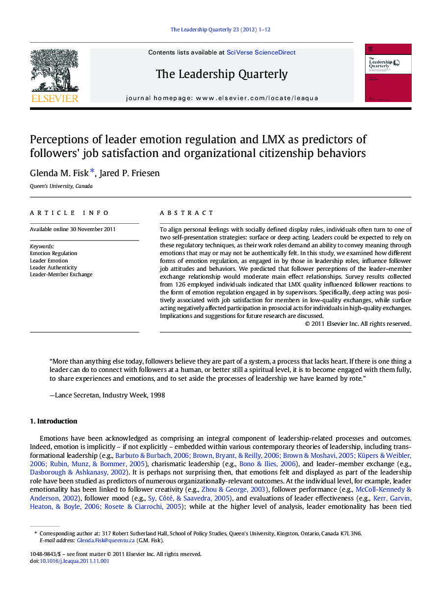 Perceptions of leader emotion regulation and LMX as predictors of followers' job satisfaction and organizational citizenship behaviors