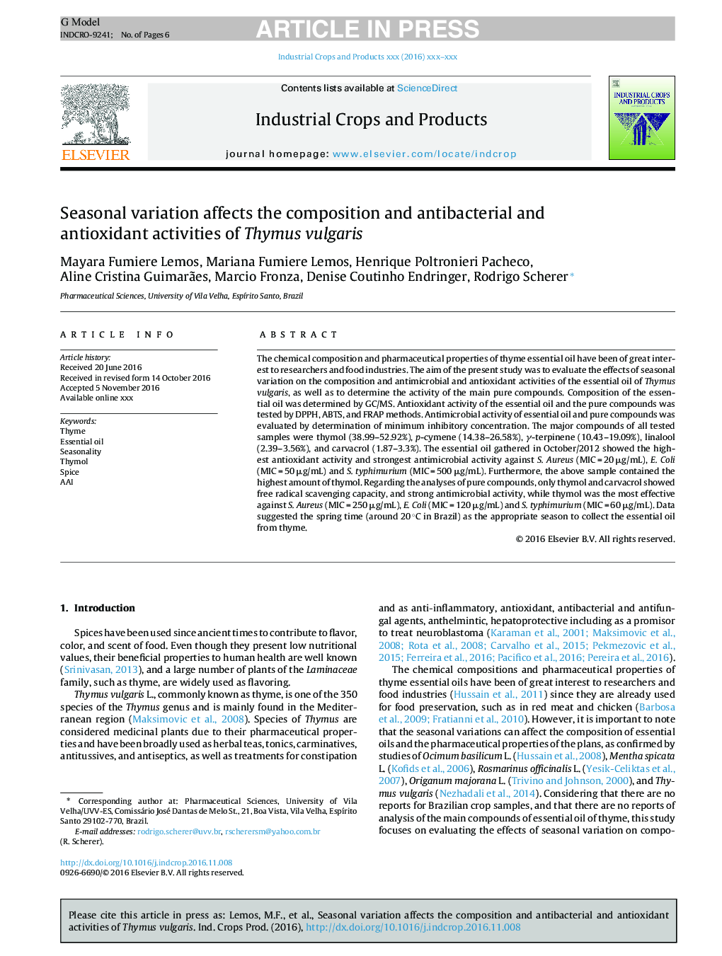 Seasonal variation affects the composition and antibacterial and antioxidant activities of Thymus vulgaris