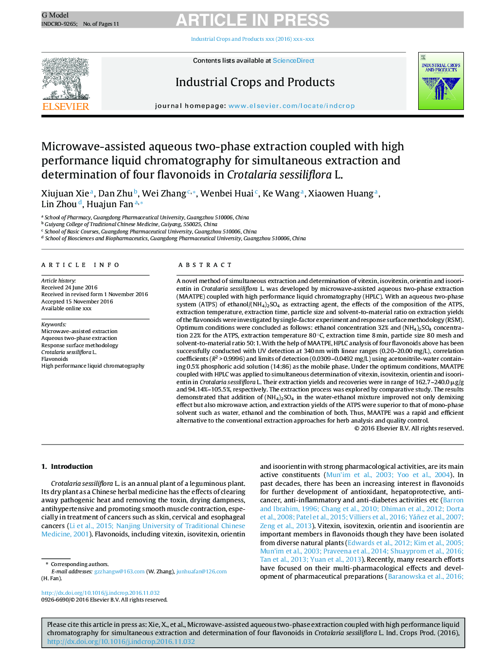 Microwave-assisted aqueous two-phase extraction coupled with high performance liquid chromatography for simultaneous extraction and determination of four flavonoids in Crotalaria sessiliflora L.