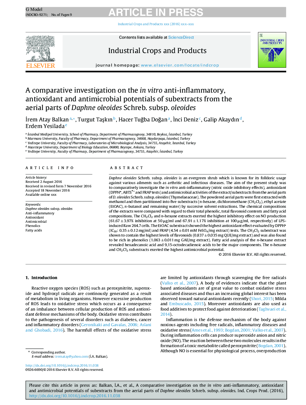 A comparative investigation on the in vitro anti-inflammatory, antioxidant and antimicrobial potentials of subextracts from the aerial parts of Daphne oleoides Schreb. subsp. oleoides