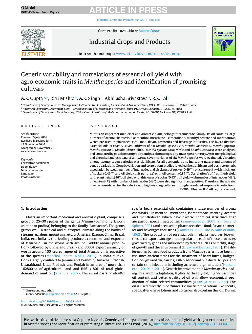 Genetic variability and correlations of essential oil yield with agro-economic traits in Mentha species and identification of promising cultivars