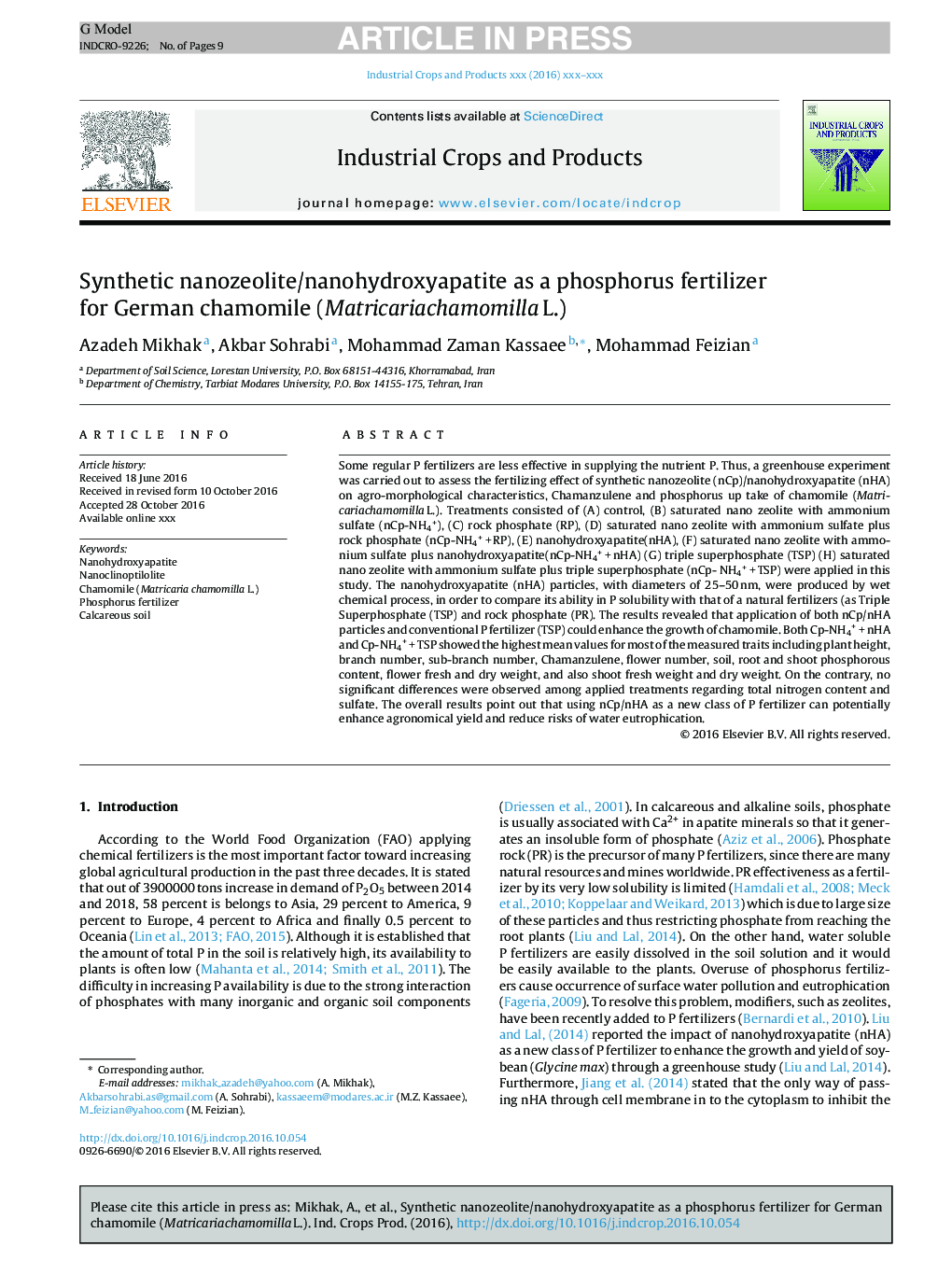 Synthetic nanozeolite/nanohydroxyapatite as a phosphorus fertilizer for German chamomile (MatricariachamomillaâL.)