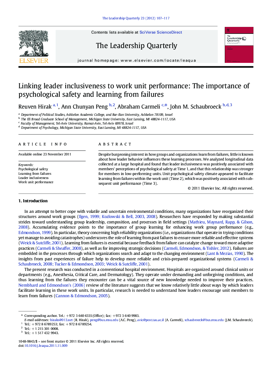 Linking leader inclusiveness to work unit performance: The importance of psychological safety and learning from failures