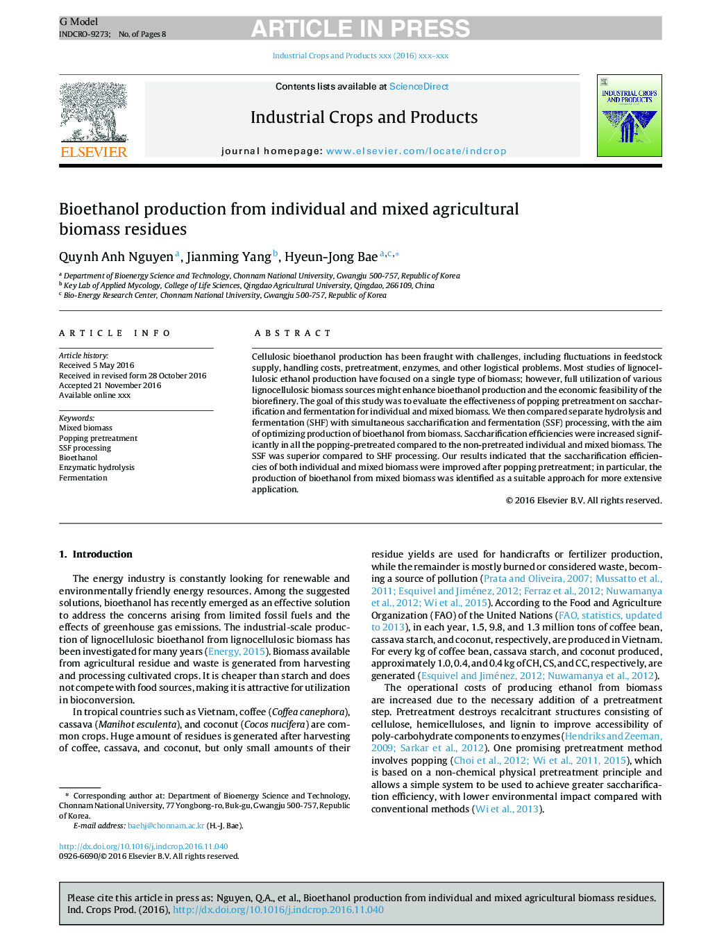 Bioethanol production from individual and mixed agricultural biomass residues