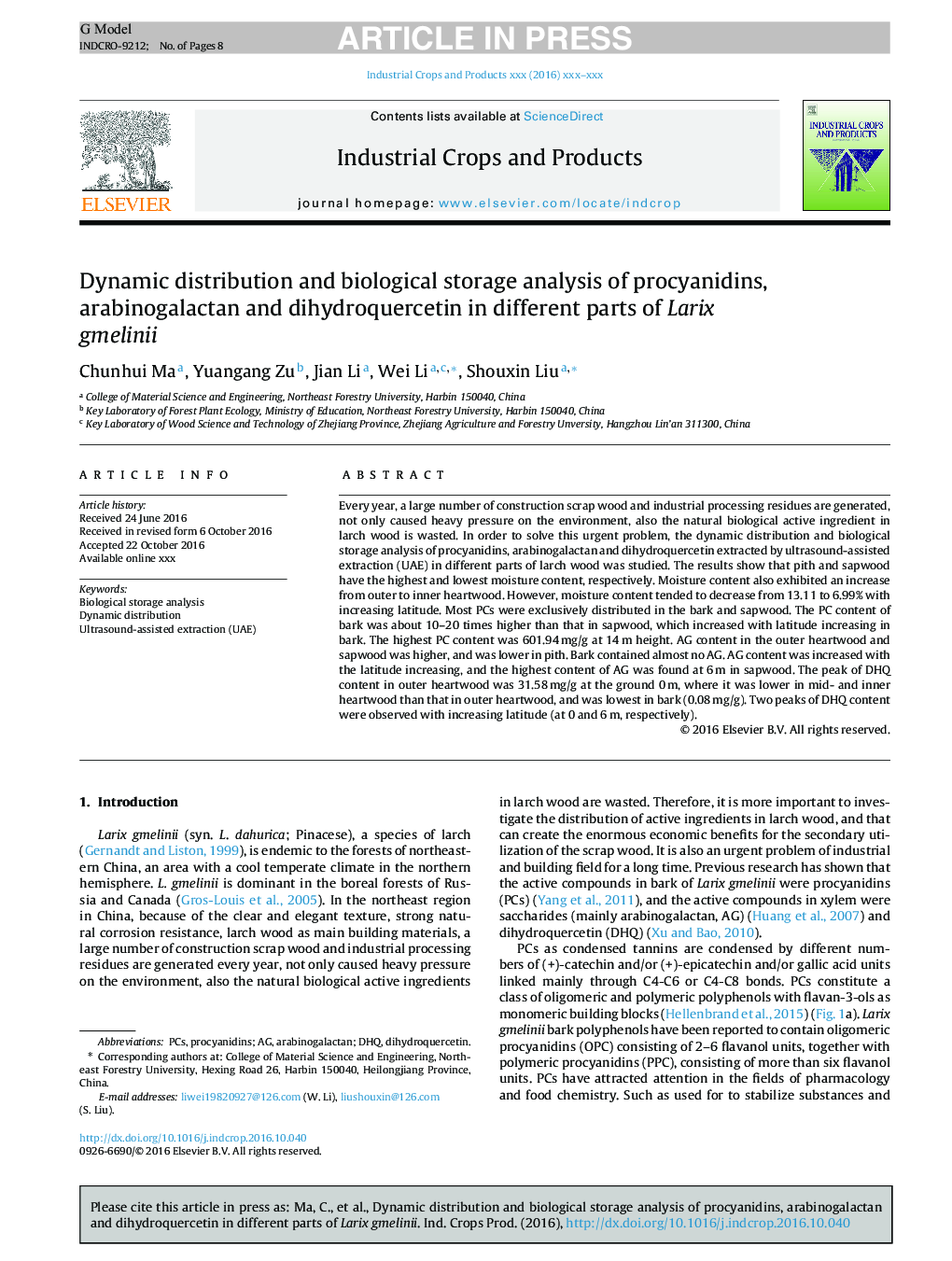 Dynamic distribution and biological storage analysis of procyanidins, arabinogalactan and dihydroquercetin in different parts of Larix gmelinii