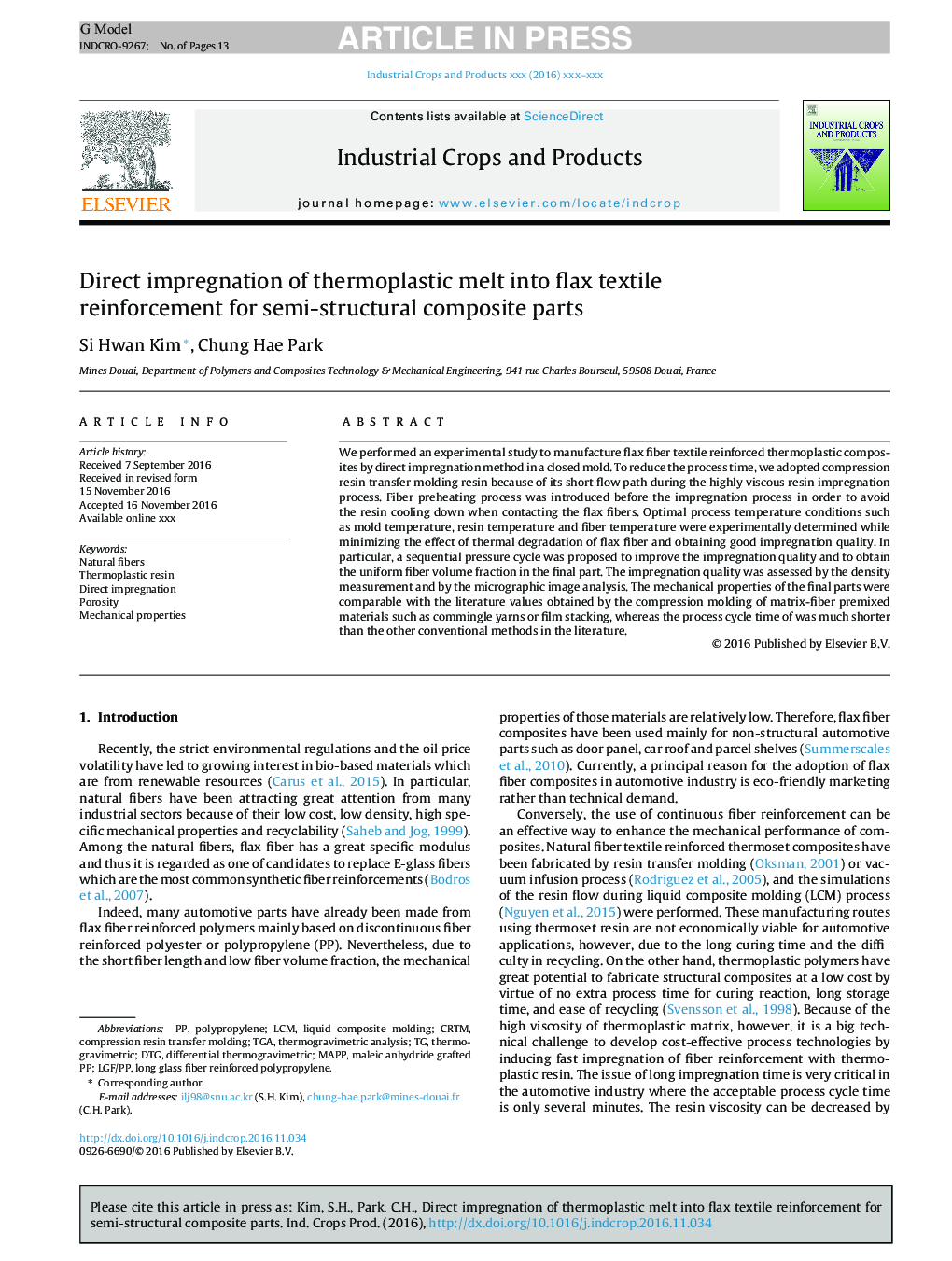 Direct impregnation of thermoplastic melt into flax textile reinforcement for semi-structural composite parts