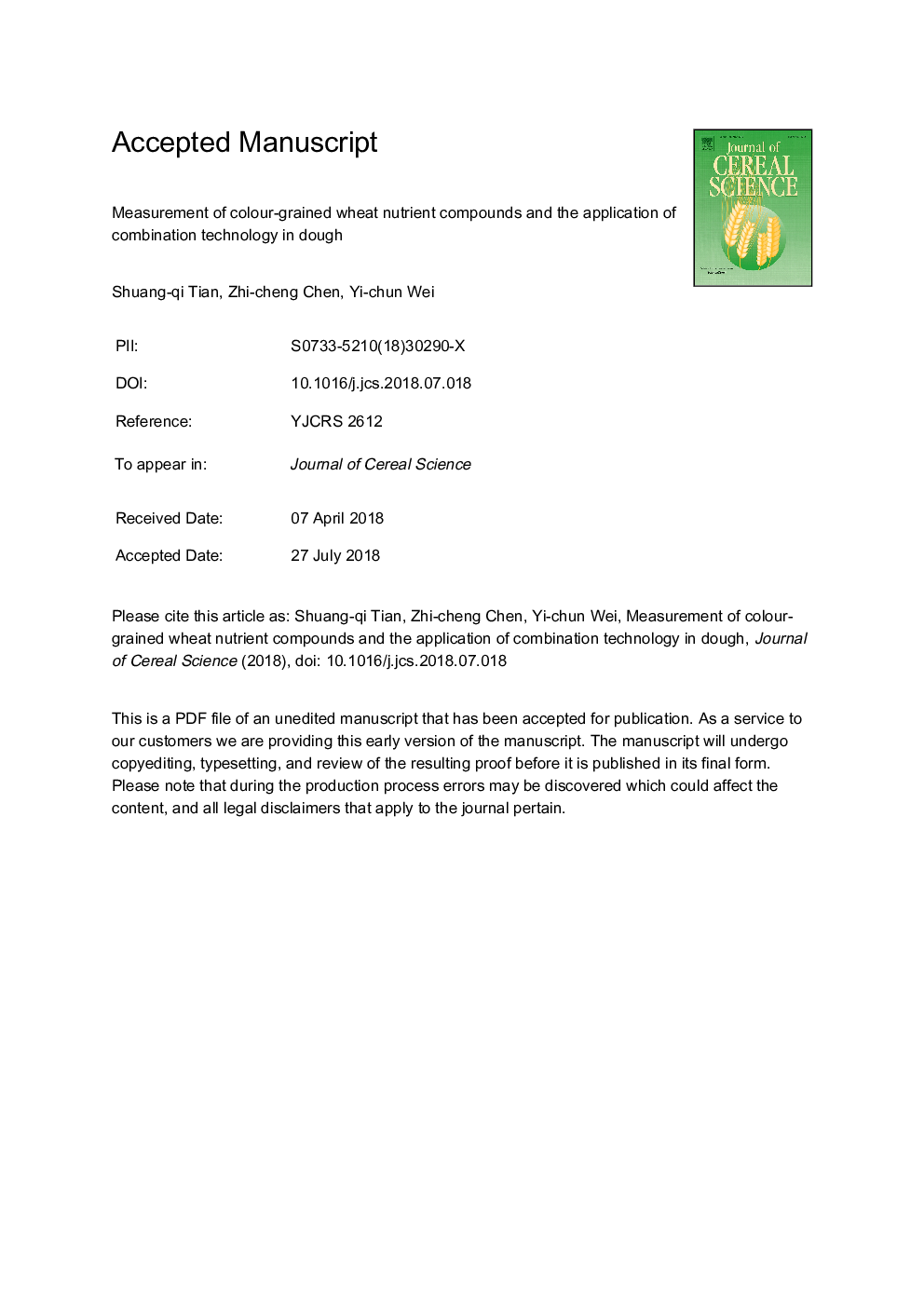 Measurement of colour-grained wheat nutrient compounds and the application of combination technology in dough