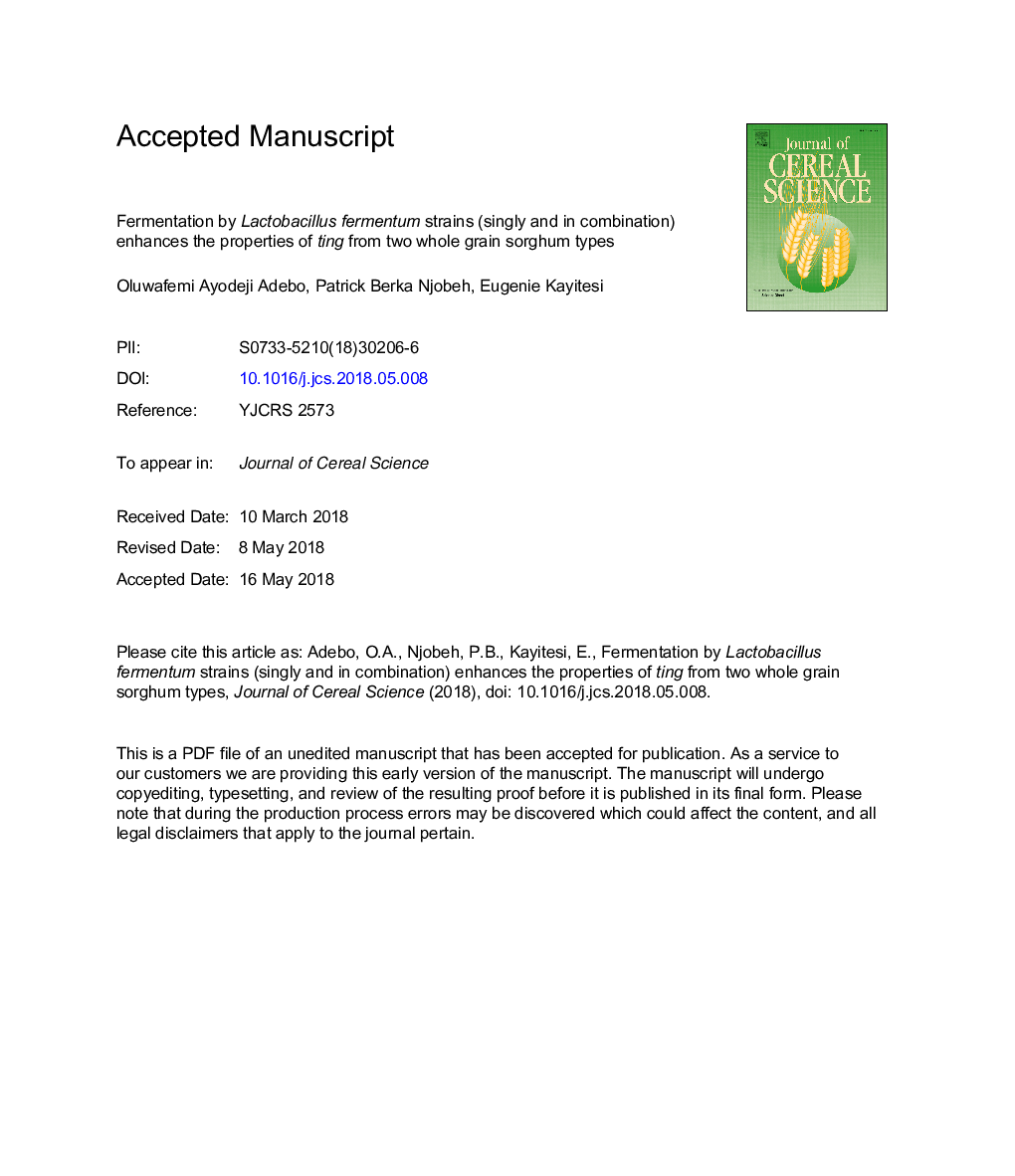 تخمیر با استفاده از سوسپانسیون لاکتوباسیلوس فرسوموم (به صورت جداگانه و در ترکیب) خواص تلقیح از دو نوع سورگوم 