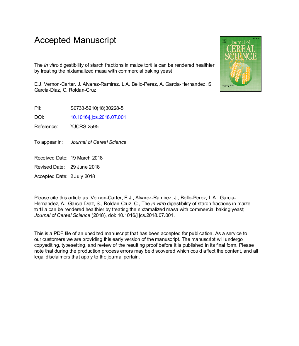 The in vitro digestibility of starch fractions in maize tortilla can be rendered healthier by treating the nixtamalized masa with commercial baking yeast